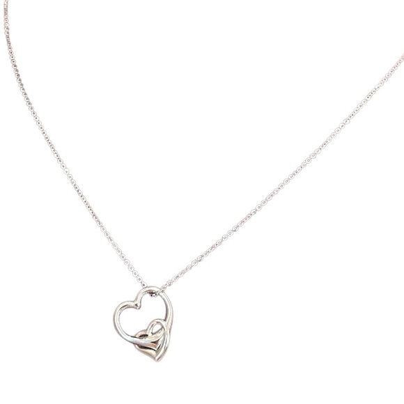 14K Jewelry - 18” 14K White Gold Necklace and Double Heart Charm